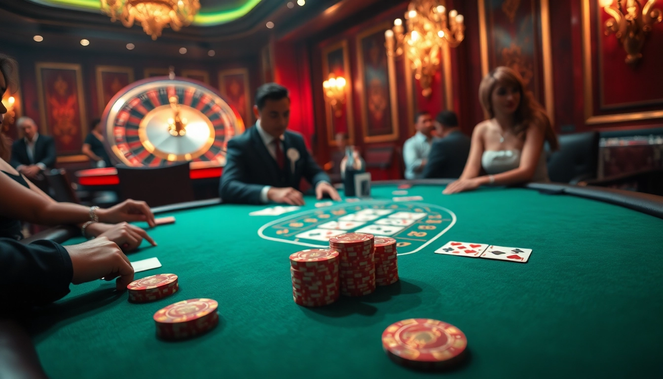 Engaging players enjoy the okwin game at a luxurious casino table with chips and cards.
