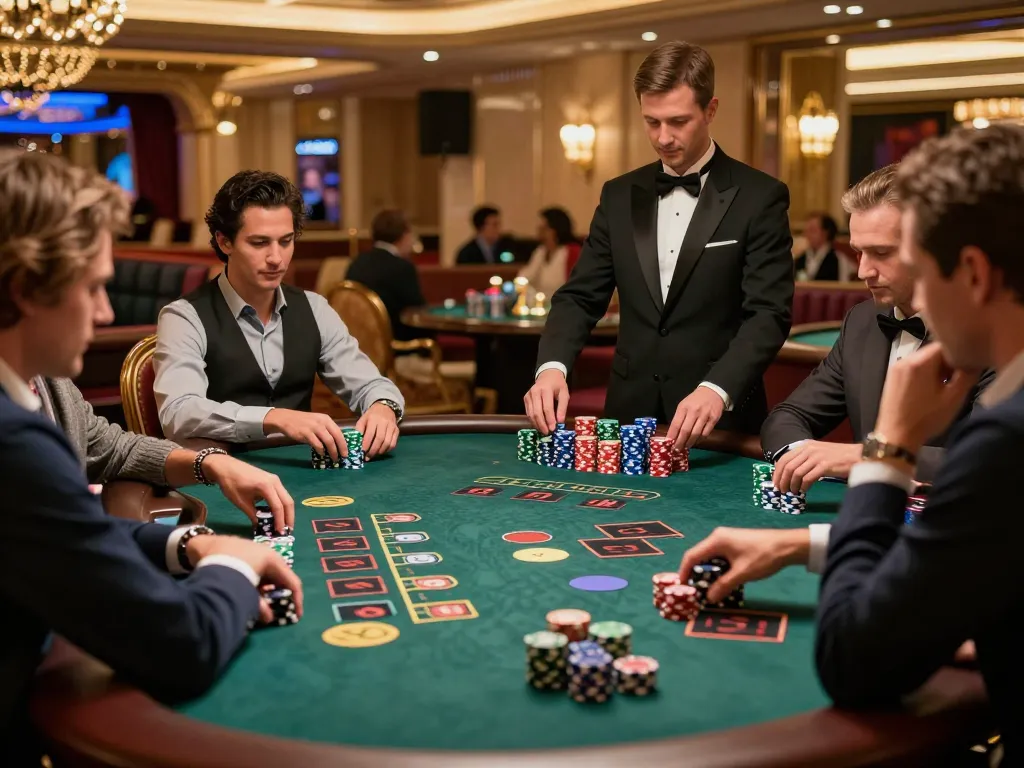 DAGA com players engaging in blackjack at an upscale Vegas casino, showcasing strategic betting.