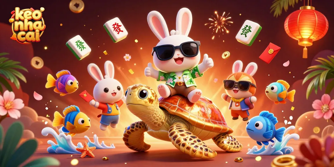 Engage in thrilling keo nha cai betting with an adorable lucky rabbit and a golden sea turtle in a vibrant casino scene.