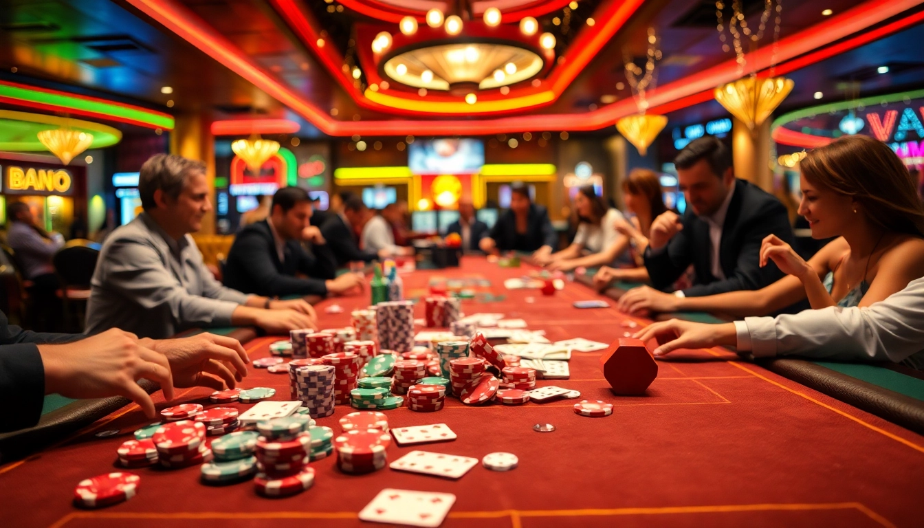 Spieler genießen casinospiele an einem bunten Tisch mit Chips und Karten.