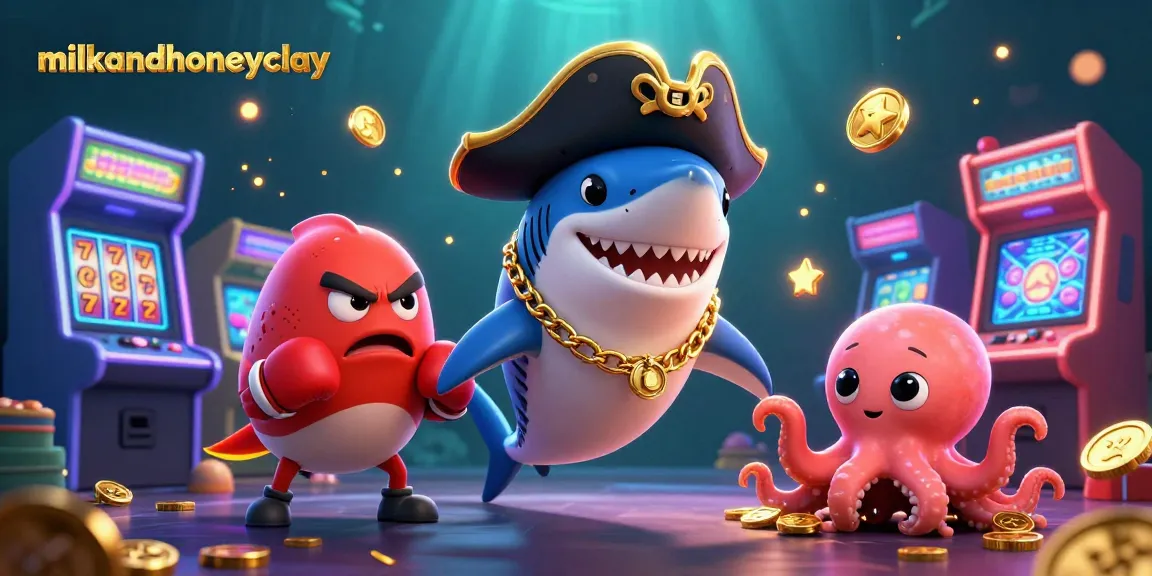 Experience the thrilling gaming world with milkandhoneyclay, featuring a playful shark, energetic pufferfish, and gold-collecting octopus.