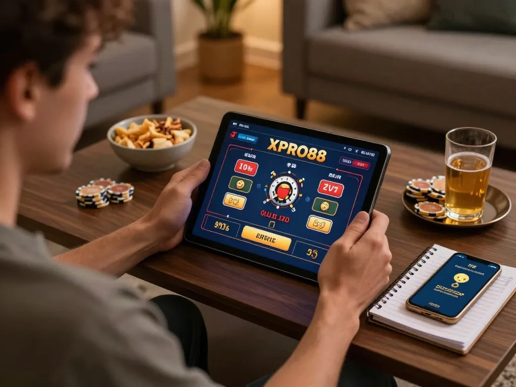 XPRO88 user enjoying live dealer games on a tablet in a cozy home setting, capturing the excitement of online gambling.