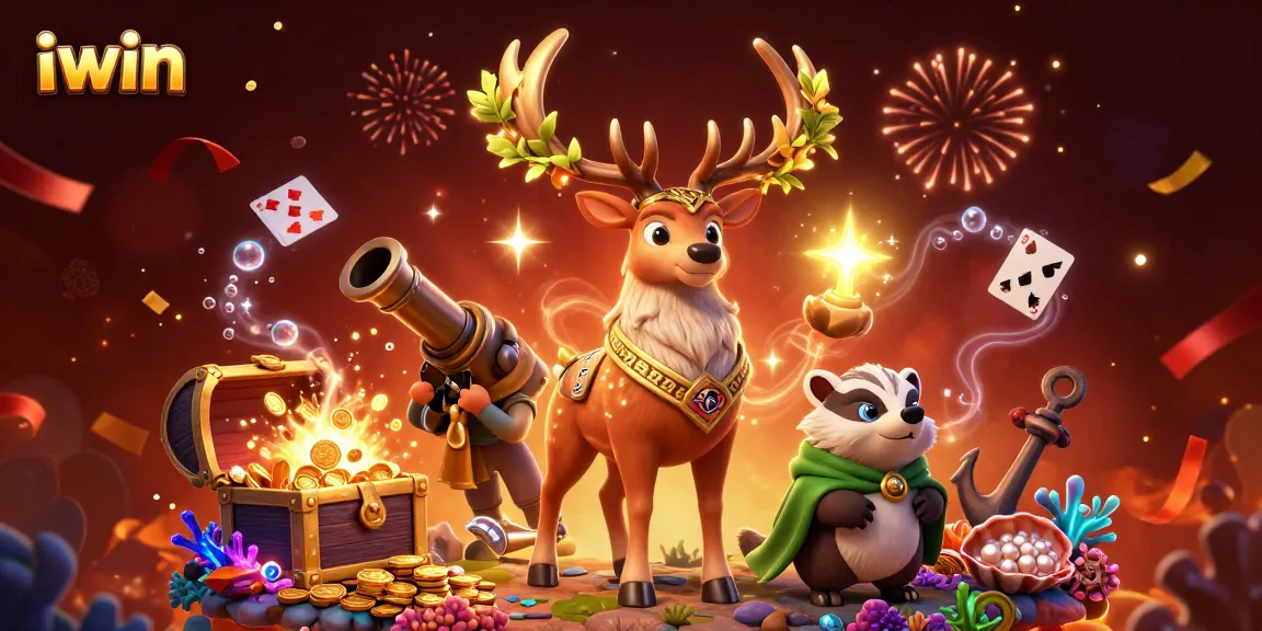 Experience iwin's thrilling fun with a Celtic druid, badger, and casino elements in a vibrant 3D scene.