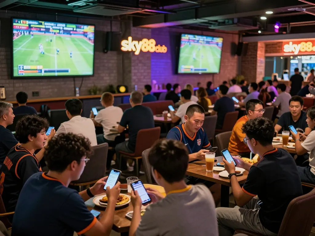 Sky88 Club patrons passionately placing bets during live sports events, showcasing vibrant atmosphere