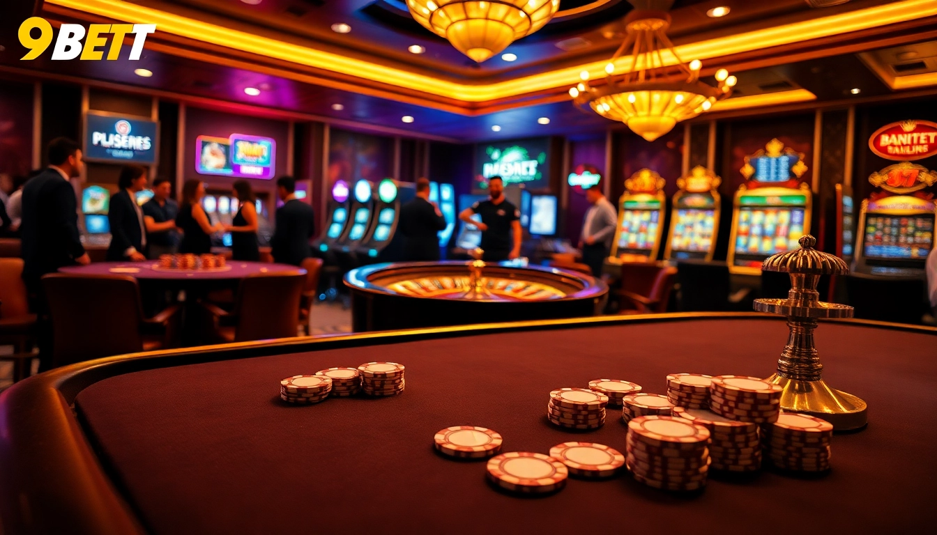 Experience the thrill of casino gaming with 9BET's vibrant poker table and spinning roulette wheel.