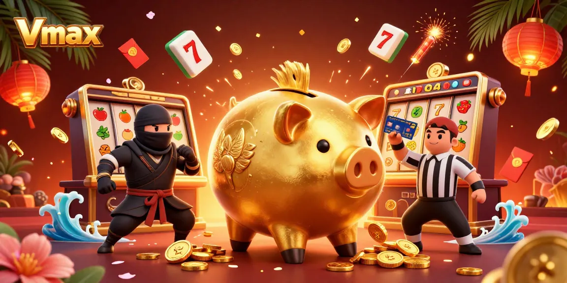 Vmax casino scene with vibrant characters interacting amidst floating slots and shimmering prizes.