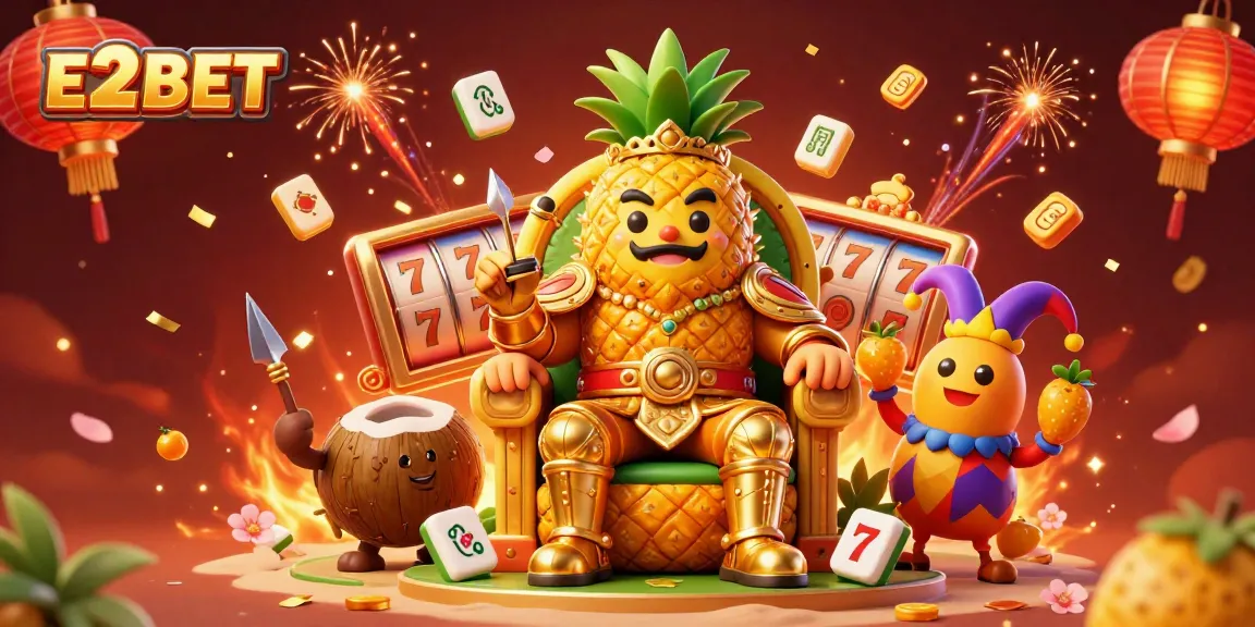 E2BET slots experience featuring a golden pineapple king and vibrant casino elements.