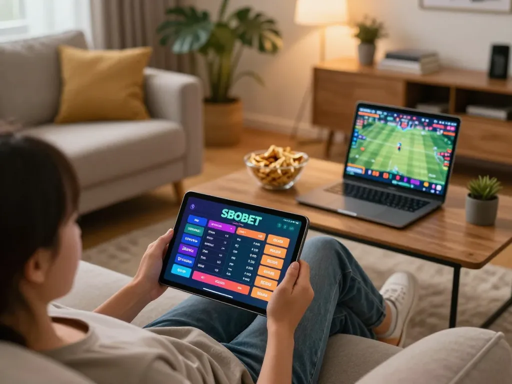 SBOBET mobile betting scene with user enjoying online sports gaming on tablet in cozy home.
