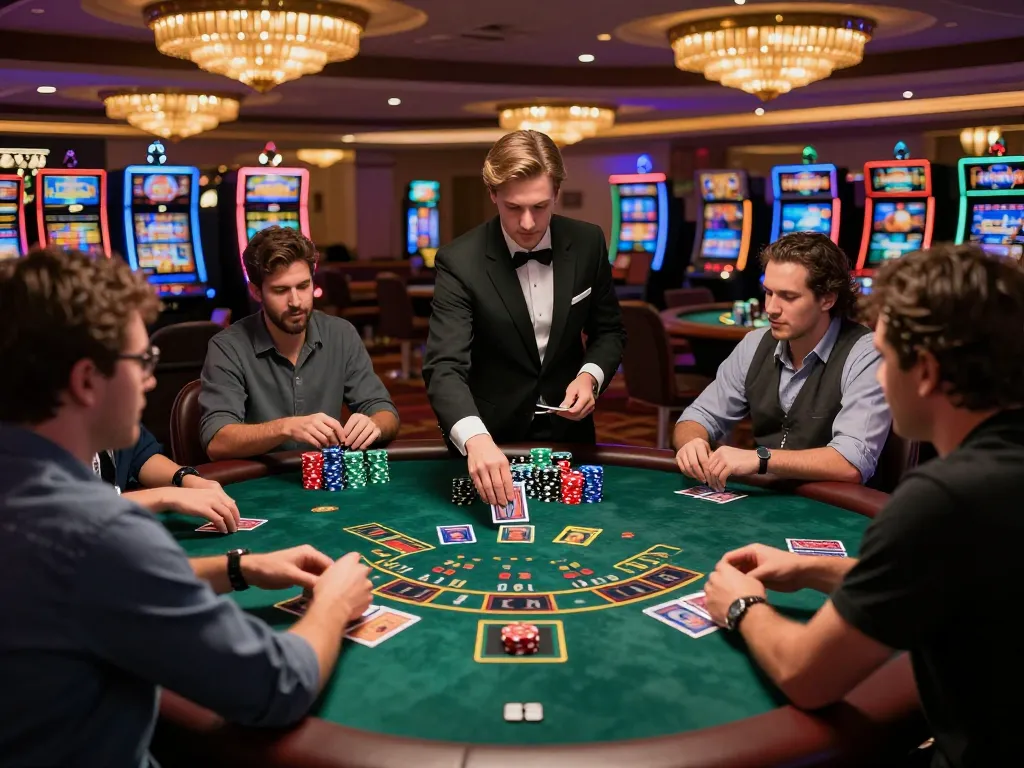 Players at a blackjack table showcasing their sunwin gaming strategies with vibrant chips and engaged dealer