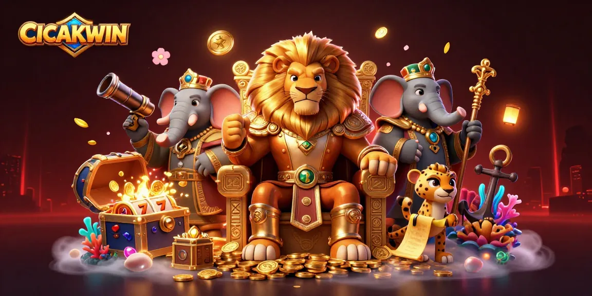 CICAKWIN showcases a fierce lion king and elephant in an ultra-detailed casino scene, capturing the thrill of slots.