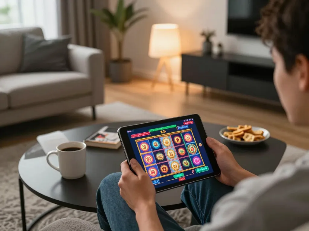 Bermain dengan permainan kasino online IDN777 di tablet dalam suasana rumah yang nyaman