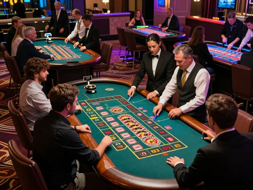 Players strategizing at roulette tables in a lively casino setting, nk 88 excitement fills the air.