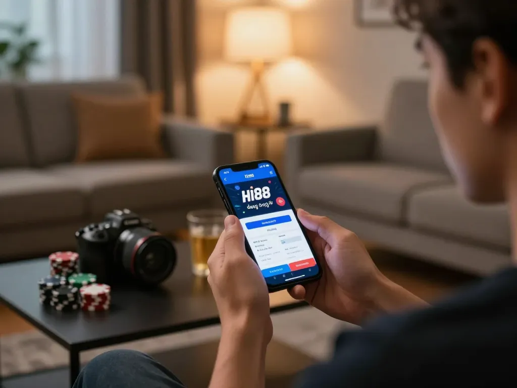 Person using Hi88 đăng ký app for mobile betting in a cozy living room setting.