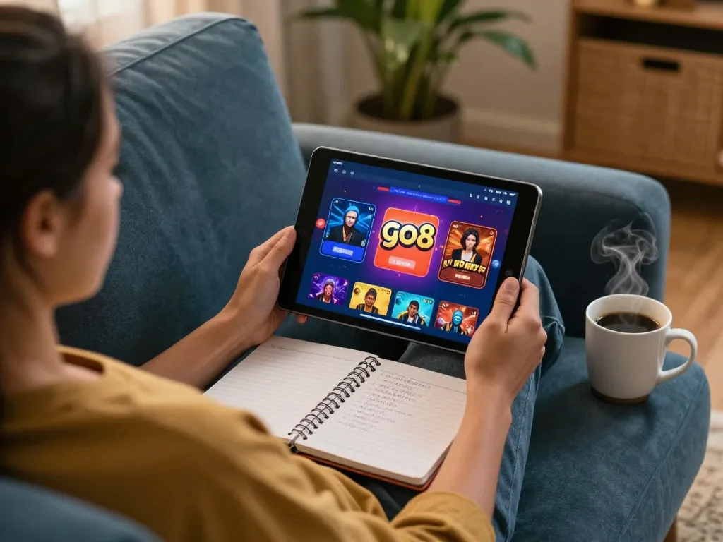 Engaging online gaming scene with go8 app on tablet, cozy home atmosphere highlighting strategy and fun.