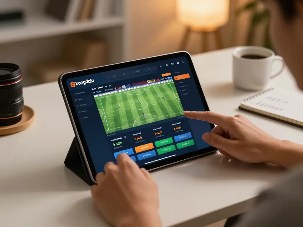 Bongdalu user strategizing on sports betting interface in a cozy home office environment.