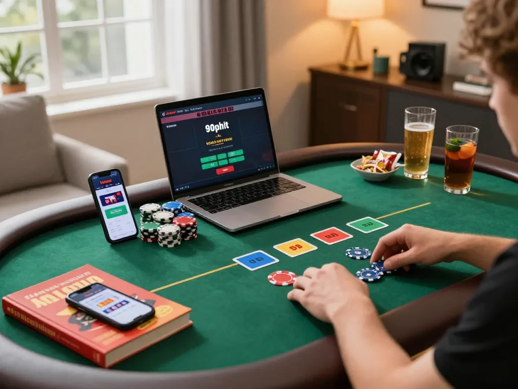 Engaging overview of 90phut online poker strategy setup at home with stylish decor and focused gameplay.