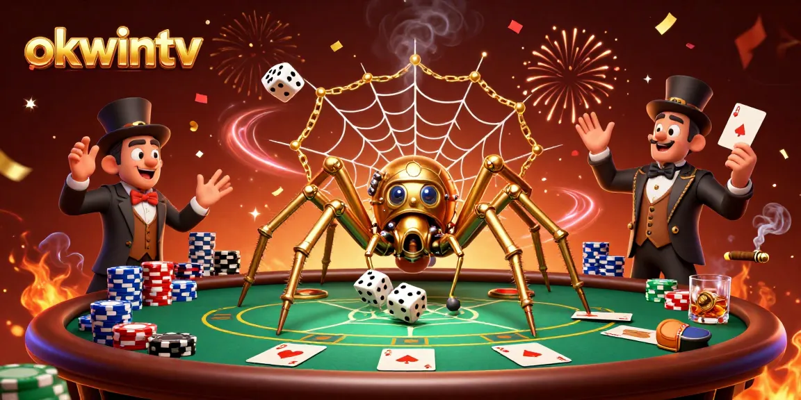 Play with okwintv's dynamic betting experience, featuring a steampunk spider web of poker elements.