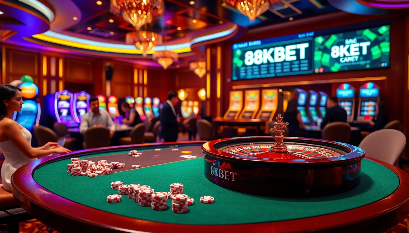 Experience the thrill of gambling with 8KBET at a luxurious casino table filled with chips and cards.
