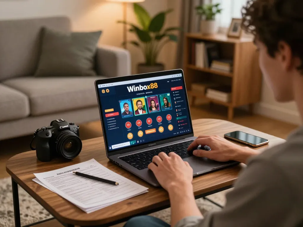 Player enjoying Winbox88 online casino gaming at cozy home setup with laptop and strategic notes.