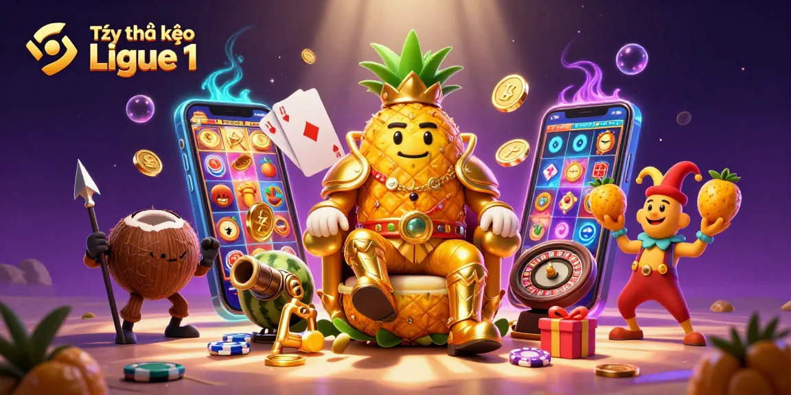 Tỷ lệ kèo Ligue 1 visualization with a golden pineapple king amid casino elements showcasing sports betting.
