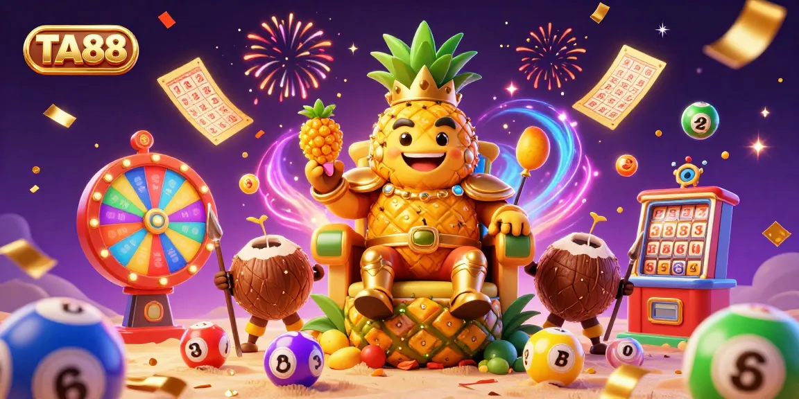 Experience the excitement of TA88 with a vibrant golden casino scene, featuring lively characters and dynamic lottery elements.