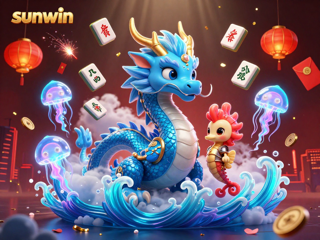 Win big with sunwin's dynamic 3D illustration featuring whimsical casino characters and vibrant game elements.