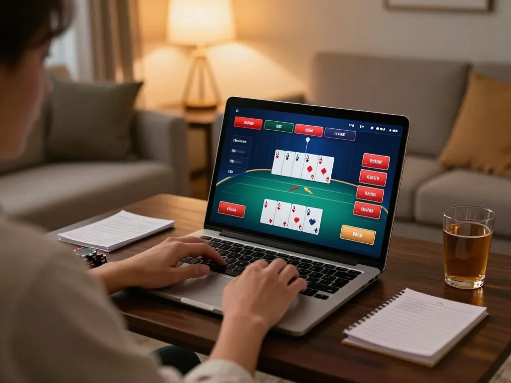 Players strategizing at Nhà Cái RR88 poker session at home, showcasing engaged gameplay.
