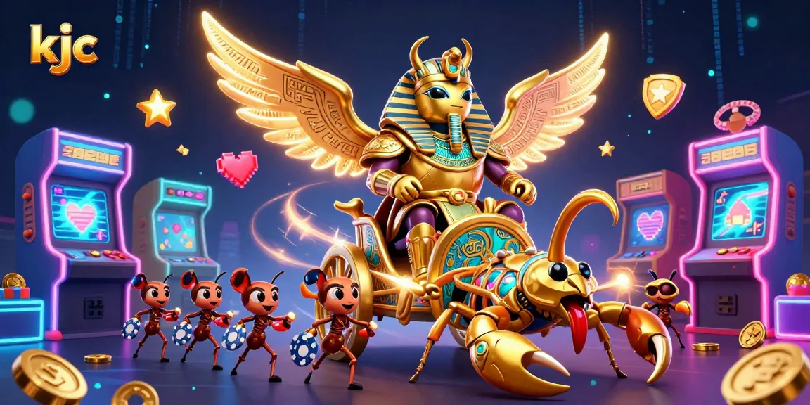 KJC offers thrilling gaming adventures with a spectacular illustration of a pharaoh beetle and scorpions in a vibrant casino setting.