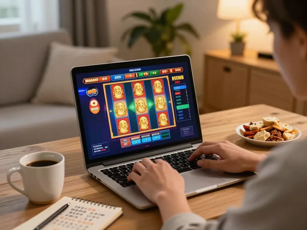 Nổ hũ gaming session at home with vibrant slot game interface on laptop.