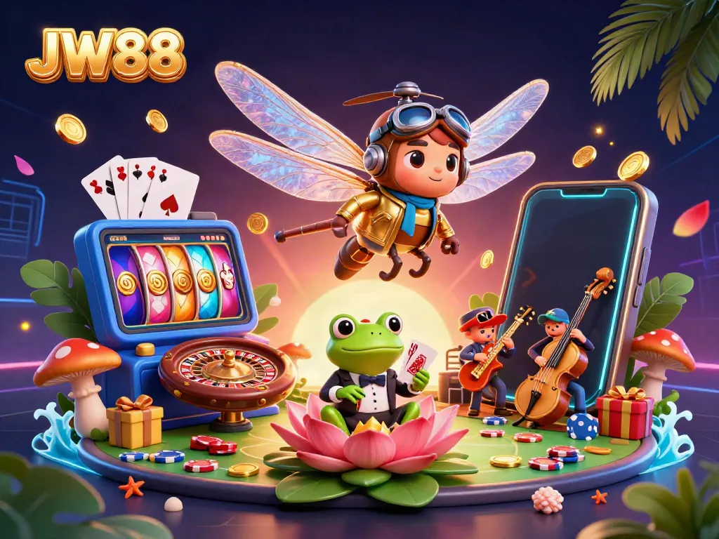 JW88 casino scene with a cartoon dragonfly pilot, frog croupier, and jazz musicians showcasing vibrant gambling excitement.