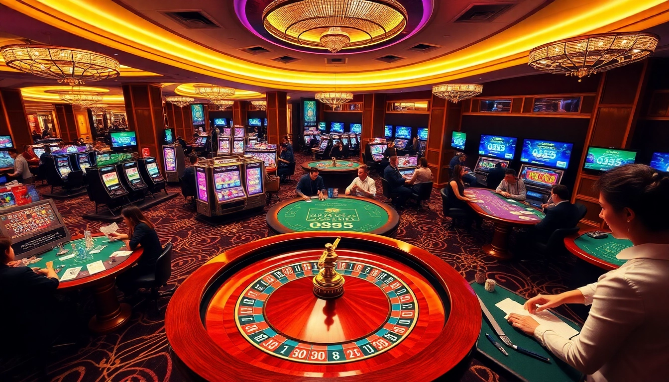 Players enjoying vibrant casino games at OK365, featuring roulette and poker tables.