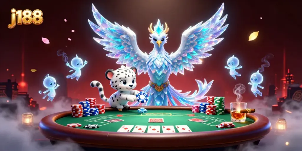 Engage with j188’s thrilling casino world featuring an ice phoenix, lively sprites, and a vibrant poker scene.