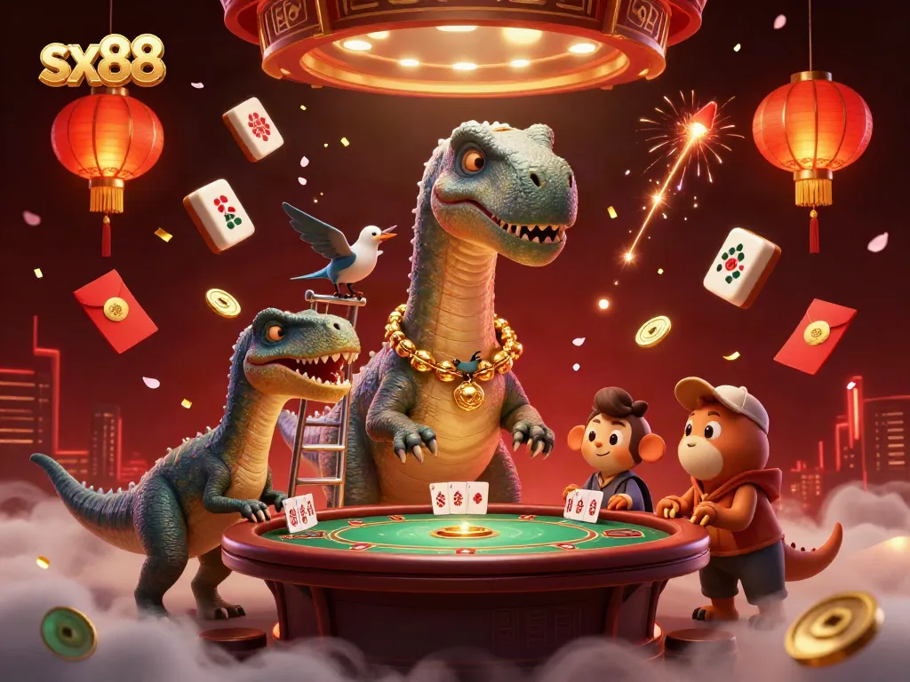 Experience sx88 excitement as the brontosaurus overlooks a vibrant casino scene with lively card dealing and playful elements.