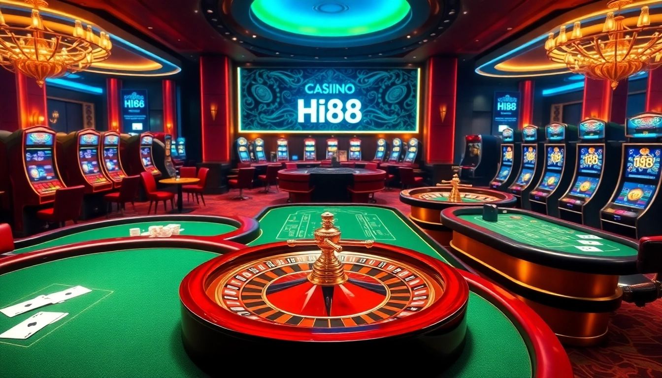 Engaging Hi88 players at dynamic casino tables with vibrant slot machines and exciting gameplay.