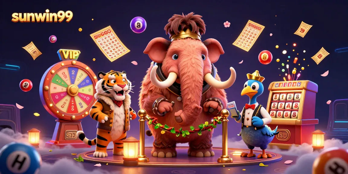 Experience the excitement of sunwin99 with a vibrant scene featuring a mammoth bouncer, tiger VIP, and interactive lottery elements.