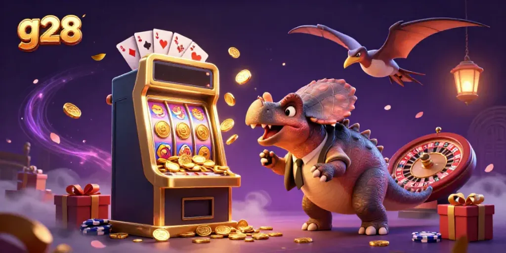 Watch the g28 pachycephalosaurus trigger a jackpot in this vibrant casino scene.