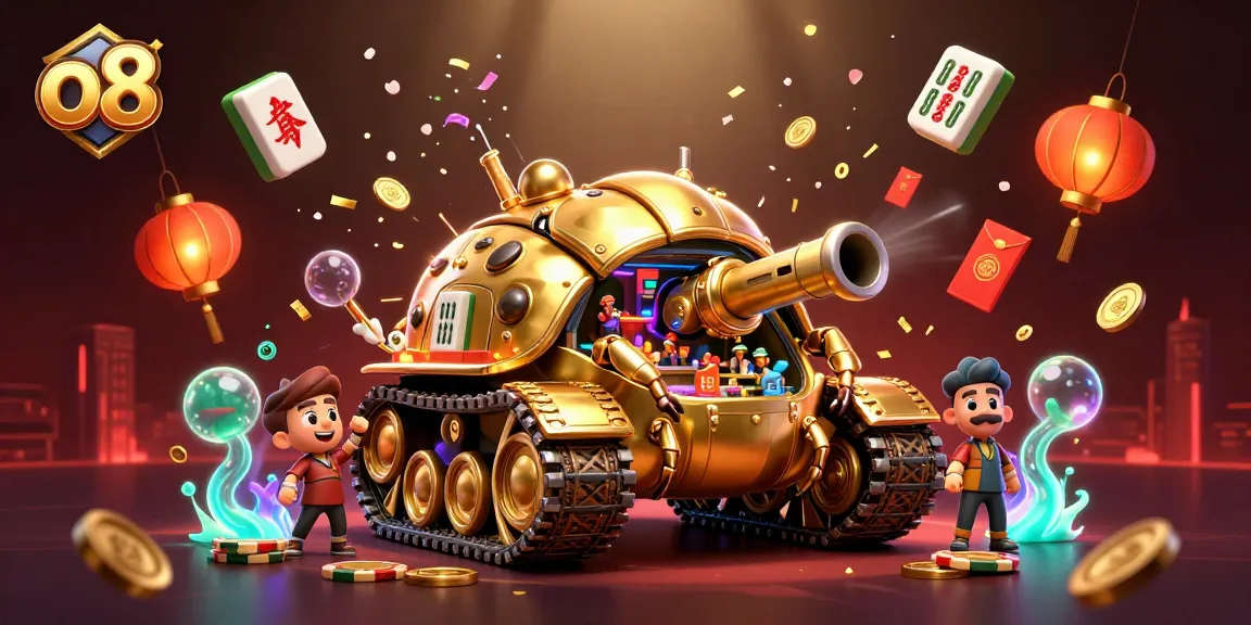 Experience exciting gameplay at o8 with a vibrant casino scene featuring a golden beetle tank, lively patrons, and festive decorations.