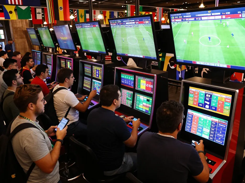 Fans engaging in sports betting activities for worldcup2026 with lively atmosphere and colorful displays
