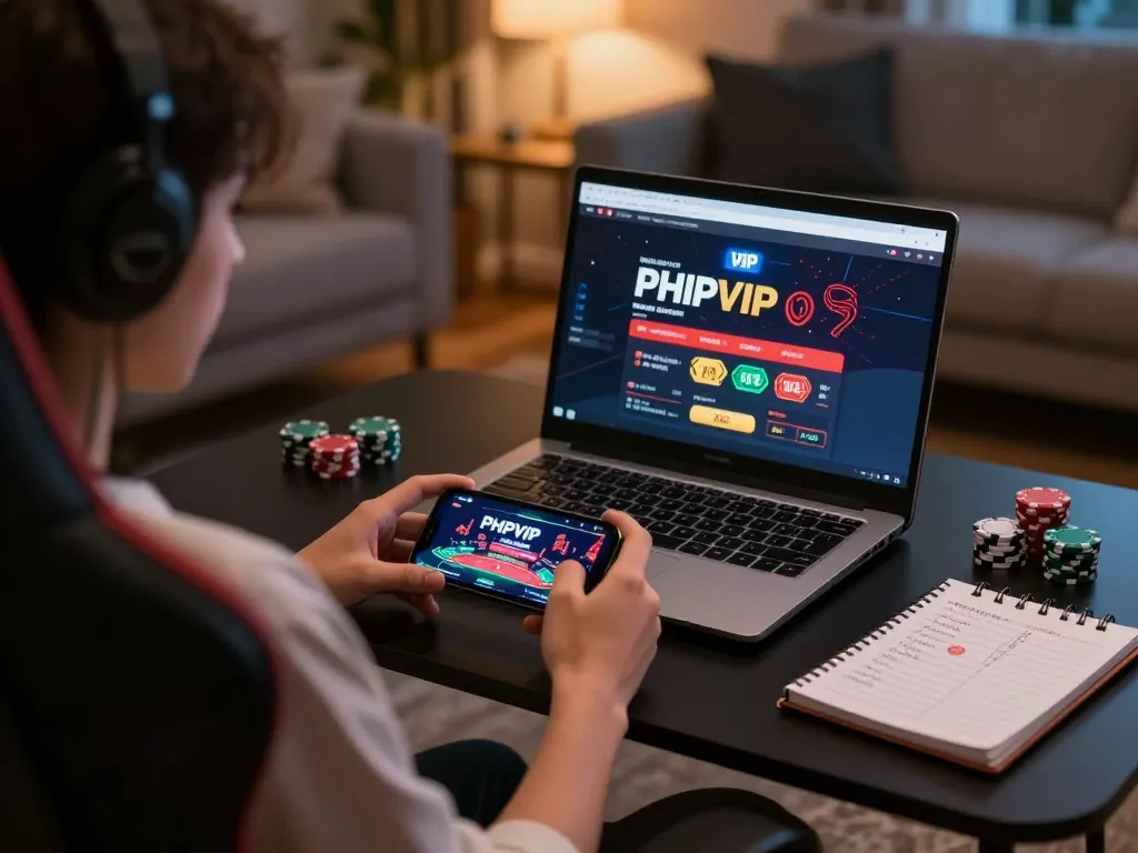 Engage with PHPVIP online casino through a modern gaming setup showcasing vibrant gameplay.