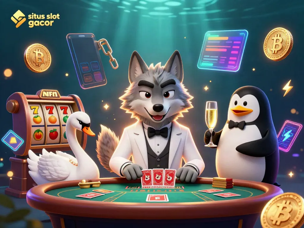 Engage with situs slot gacor at this vibrant 3D casino illustration featuring characters and iconic game elements.