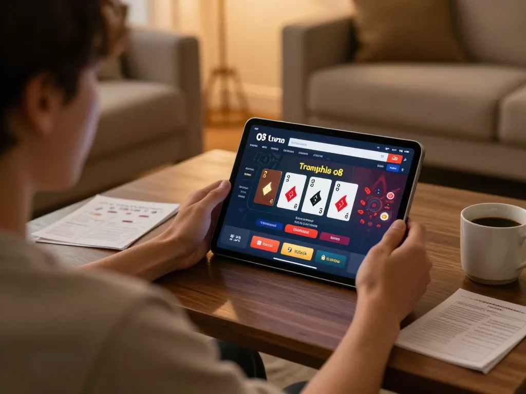 Engaging player utilizing trang chủ o8 for online gambling in a cozy home setup, enjoying a strategic gaming experience