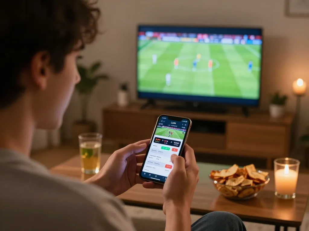 Player actively engaging in LLWIN sports betting with smartphone, enjoying live football from home.