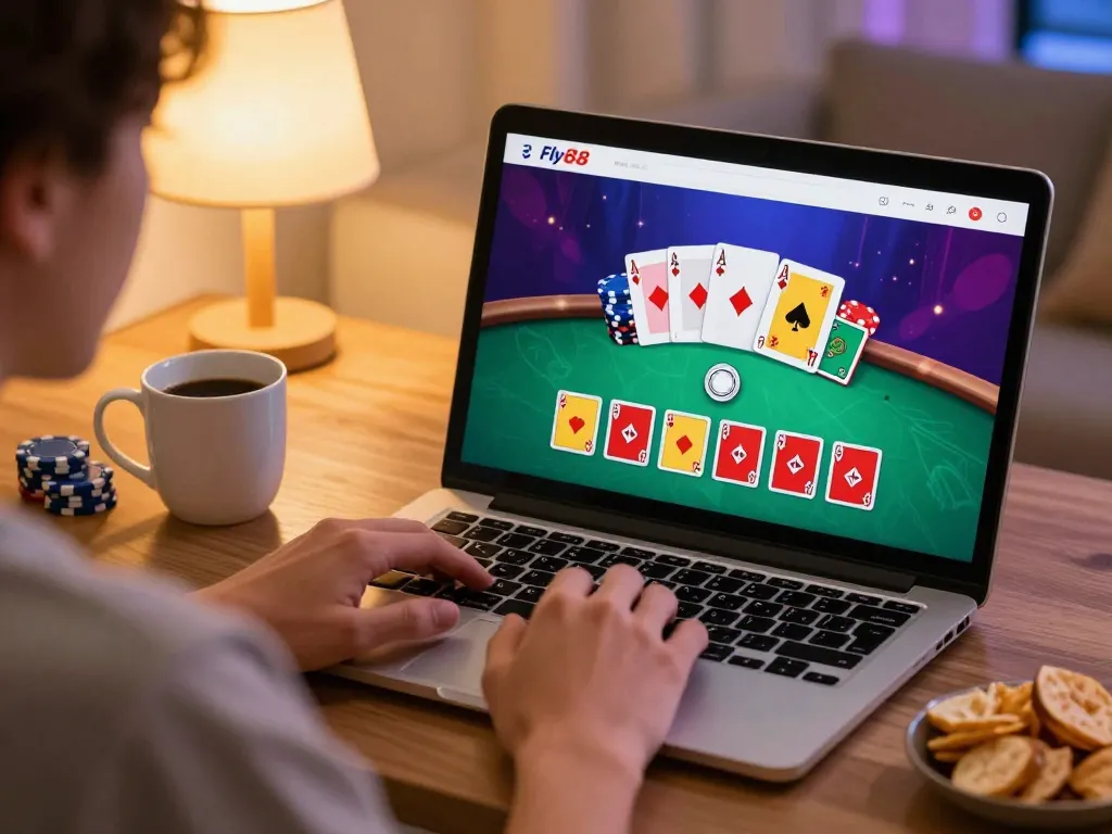 Engaging online poker gameplay experience with Fly88 app, cozy home setting, and strategic elements.