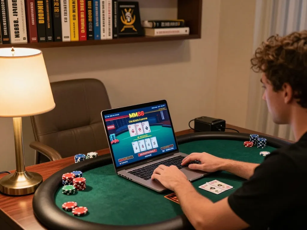 Engaging in MM88 online poker gameplay, showcasing strategy and excitement in a cozy home environment.