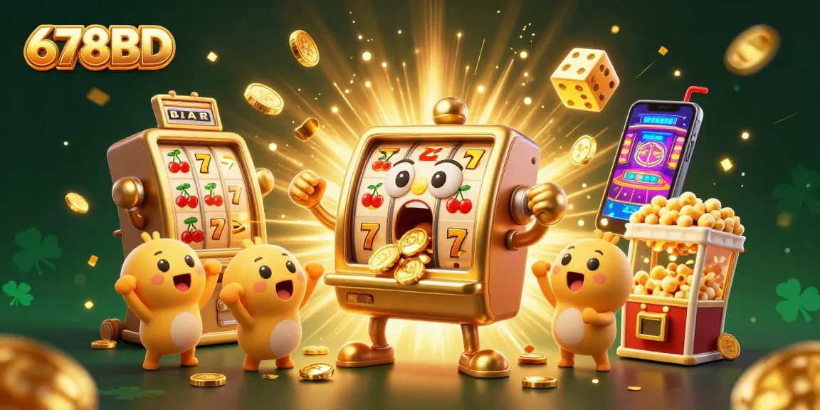 Experience 678BD's thrilling jackpots as the animated slot machine celebrates a big win amidst flying symbols and confetti.