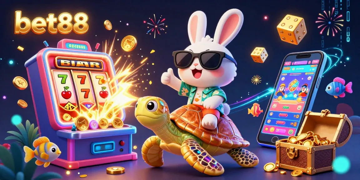 Experience exciting games with bet88, featuring a lucky rabbit and golden sea turtle in a vibrant casino landscape.