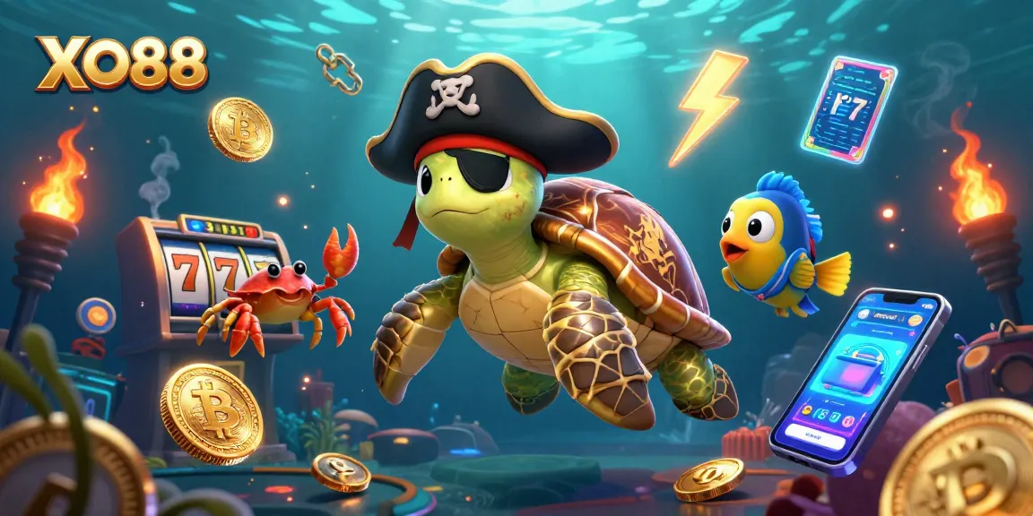 Engage with the thrilling underwater adventure of XO88, featuring a pirate turtle, gold coins, and slot machines.