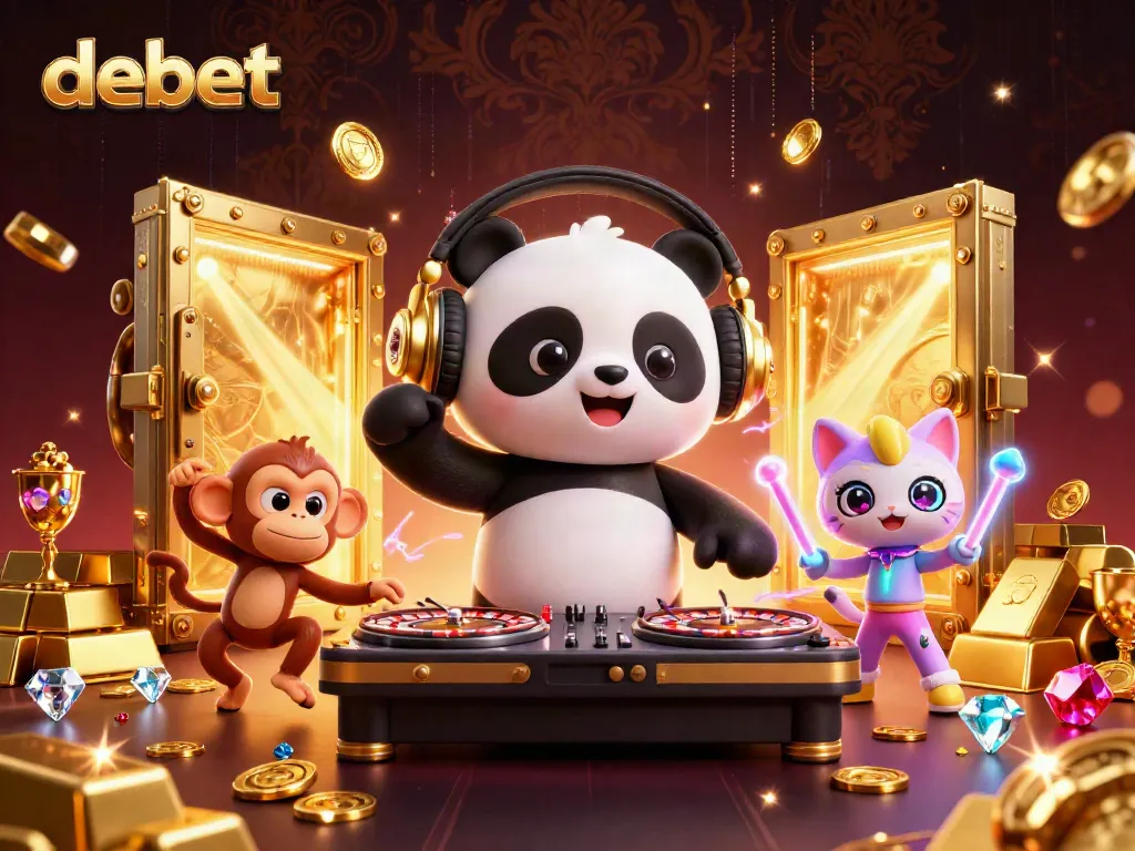 Experience the vibrant energy of debet with a DJ panda, breakdancing monkey, and rave kitten amidst sparkling casino treasures.