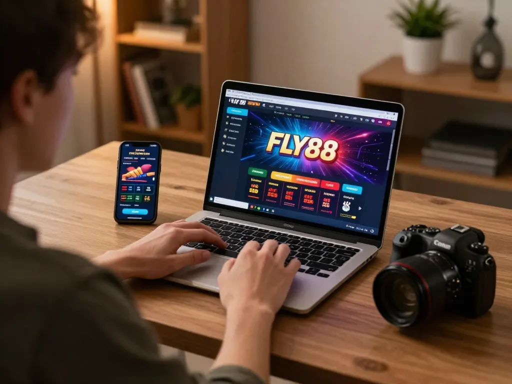 Engaging moment of Fly88 đăng nhập on laptop, showcasing vibrant casino graphics and strategic gameplay.