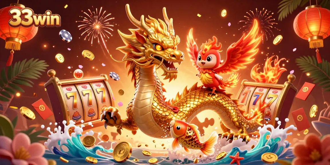 Engage with 33win's vibrant casino experience featuring a golden dragon, phoenix, and koi fish amongst dynamic slot elements.